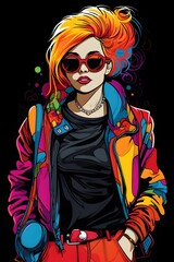 Fashionable Streetwear Character in Psychedelic Stylized Digital Portrait on Black Background