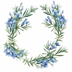rosemary themed frame or border for photos and text. featuring delicate blue flowers and green foliage. watercolor illustration, flowers frame, botanical border.