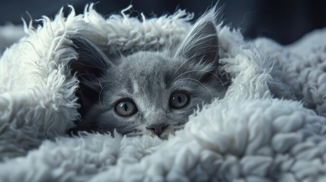 Beautiful little gray cat in a white fluffy blanket. AI generated image