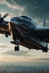 A monster plane with a shark mouth flies over the city. Generative AI