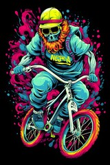 Freestyle BMX Rider Performing Stunts in Psychedelic Skatepark with Bold Outline and Vibrant Colors
