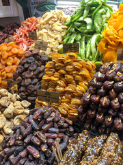 Fruit and vegetable stands on display in the middle of Istanbul Markets Turkey.
