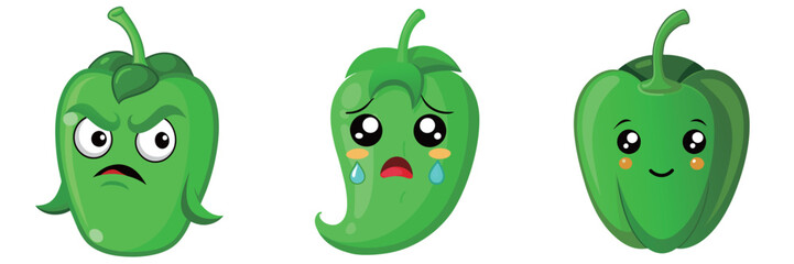Vector Collection of Three Different Expressions of Green Chili Pepper Figures
