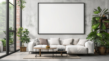 Frame Mockup, Standard A-size Paper. Living Room Wall Poster Design. Interior Mockup with Home Background. Contemporary Interior Styling. 3D Visual. Frame Template, Standard A4 Paper Size. Living Room