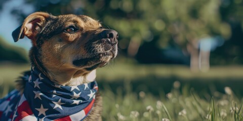 Close-up portrait of a dog wearing a patriotic American flag bandana around its neck. 4th of July, american independence day, happy independence day of america , memorial day concept