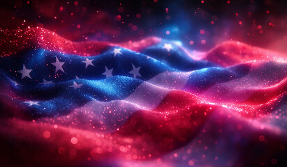 A wavy American flag with neon vibrant colors and stars