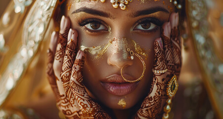 Close up of an Indian woman with henna on her hands and face, wearing traditional jewelry and makeup, with a blurred background