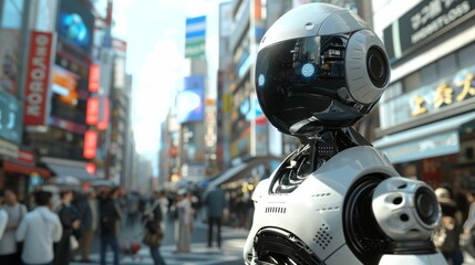 Fototapeta premium Illustration of a humanoid robot interacting with humans in a futuristic city setting