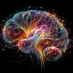 A glowing, abstract brain-like structure with colorful, branching neural pathways against a dark background