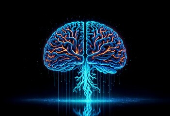 A glowing, abstract brain-like structure with colorful, branching neural pathways against a dark background