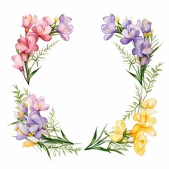 freesia themed frame or border for photos and text. fragrant blooms in various colors. watercolor illustration, For greeting card.