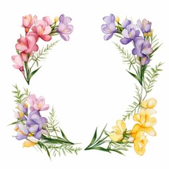 Fototapeta premium freesia themed frame or border for photos and text. fragrant blooms in various colors. watercolor illustration, For greeting card.