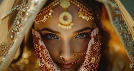 Close up of an Indian woman with henna on her hands and face, wearing traditional jewelry and makeup, with a blurred background