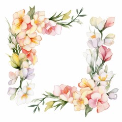 Fototapeta premium freesia themed frame or border for photos and text. fragrant blooms in various colors. watercolor illustration, For greeting card.