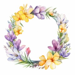 freesia themed frame or border for photos and text. fragrant blooms in various colors. watercolor illustration, For greeting card.