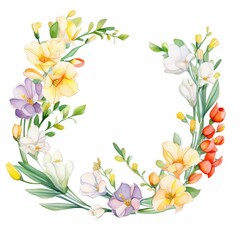 freesia themed frame or border for photos and text. fragrant blooms in various colors. watercolor illustration, For greeting card.