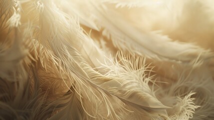 An enchanting close-up view of soft beige feathers delicately arranged to form a luxurious and inviting texture that exudes warmth and softness