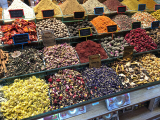 Fruit and vegetable stands on display in the middle of Istanbul Markets Turkey.