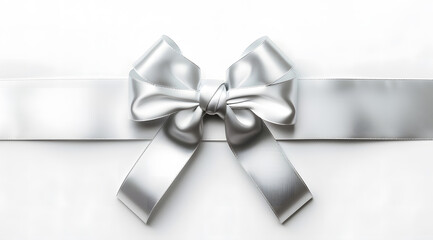 silver ribbon bow on the straight ribbon for gifts banner isolated on white background