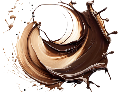 A wave of chocolate - colored cocoa is circling, representing a cocoa drop isolated on transparent background. 