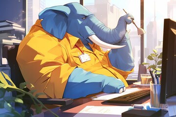 cartoon illustration, an office boss elephant