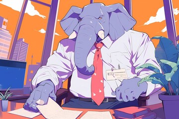 cartoon illustration, an office boss elephant
