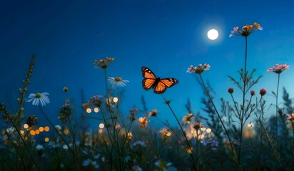 Wildflowers against a blue sky in the city night with butterfly