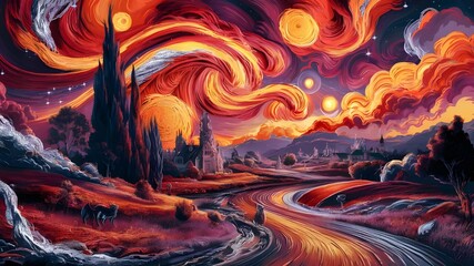 A painting of a sunset with a train going by.