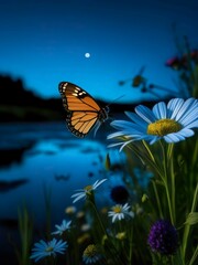 Wildflowers against a blue sky in the city night with butterfly