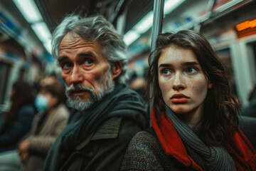 Fototapeta premium Thoughtful Young Woman and Older Man on a Crowded Subway.