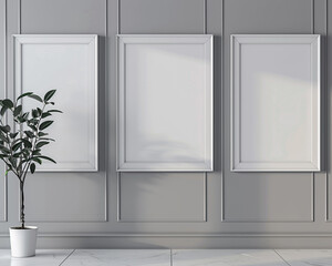 Set of three chic photo frames on a platinum grey wall sleek and modern
