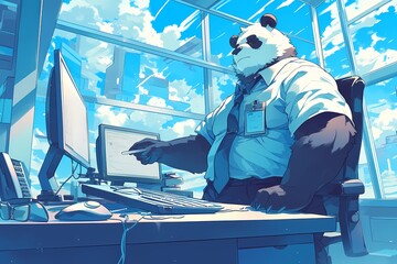 cartoon illustration, an office boss panda