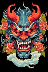 Menacing Japanese Hannya Mask with Traditional Tattoo Design Against Dark Background