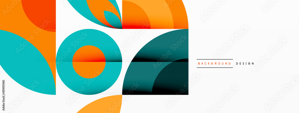 Poster Product with orange circles and electric blue squares on a white background. Font is magenta. Material property includes tints and shades. Shapes include circles and rectangles in a pattern