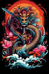 Obraz premium Mystical Dragon Coiled Around Sacred Sword with Vibrant Patterns and Colors Symbolizing Protection and Strength on Black Background
