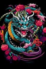 Mystical Dragon Coiled Around Sacred Sword With Vibrant Patterns on Dark Background
