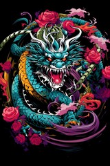 Obraz premium Mystical Dragon Coiled Around Sacred Sword With Vibrant Patterns on Dark Background