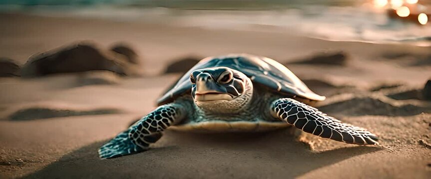 baby sea turtle heading towards the waves