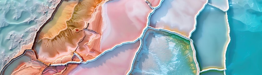 Abstract aerial view of colorful salt flats intersected by crystal clear waters, merging natural geography with artistic design