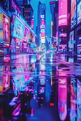 Futuristic neon cityscape reflected in rain soaked streets, merging technology with the natural element of water