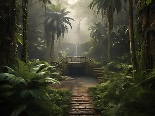 A vibrant, lush jungle backdrop with a mysterious path, perfect for photographic backgrounds and nature-themed designs.