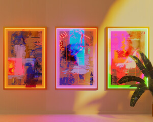 Three bold neon frames on a soft tan background each featuring avant-garde mixed media art