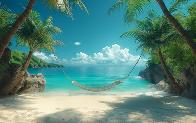 A beautiful sunny day with a hammock between two palm trees on an empty beach with crystal clear blue water and white sands