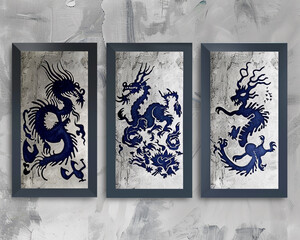 Trio of indigo frames on a silver grey background each containing minimalist interpretations of mythical creatures