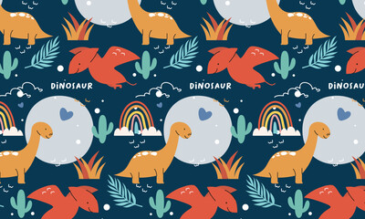 Seamless pattern with cute dinosaur vector © RizalHans