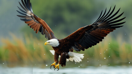 Obraz premium bald eagle in flight reiver grass leaves 