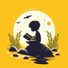 Cute little boy reading a book on the rock