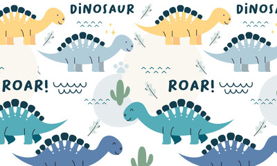 Seamless pattern with cute dinosaur vector