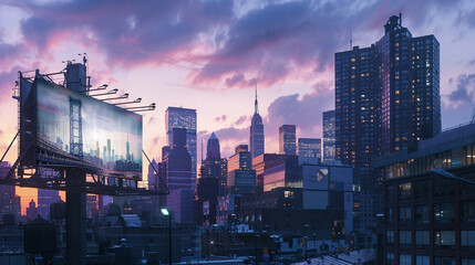 Urban advertising canvas on a billboard against a bustling city skyline at dusk.