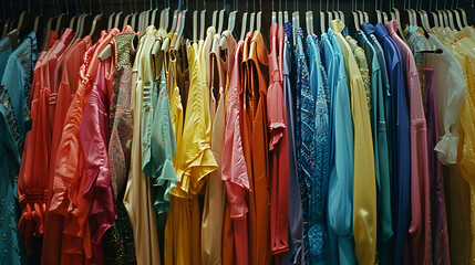 Colorful clothes on racks in a fashion boutique, generative Ai